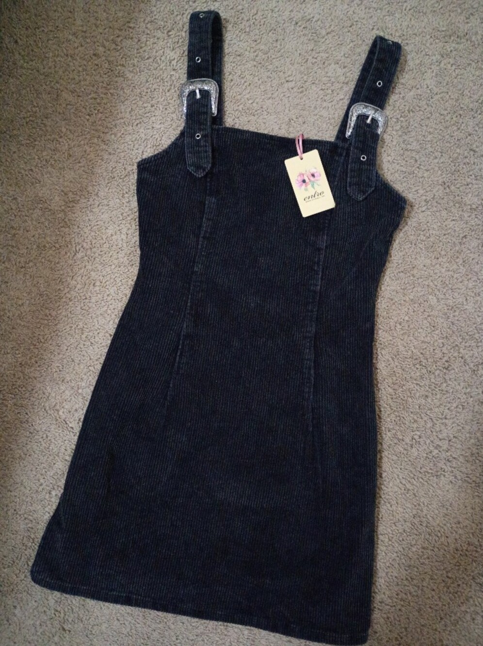 entro Black Corduroy Mini Dress with Buckle Straps